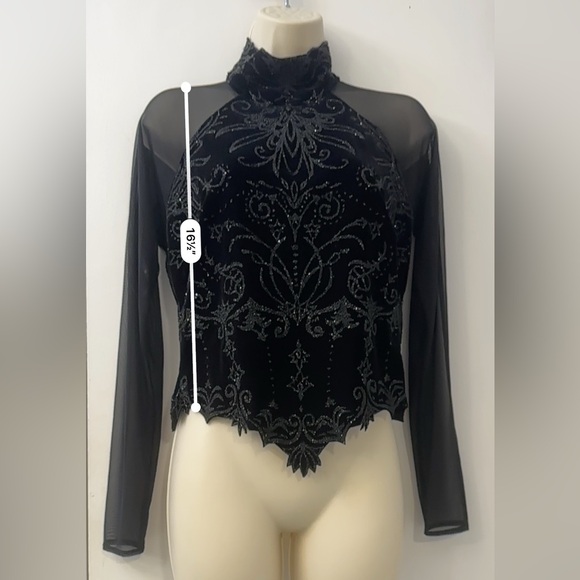 Tadashi Shoji Vintage Black Velvet Sheer Beaded Top with Mesh, Size XL - Picture 14 of 14